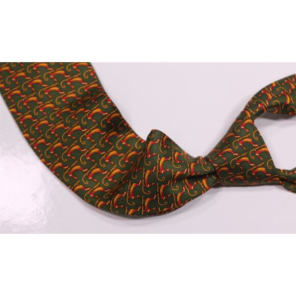 Salvatore Ferragamo Green Gold Red Santa Sleigh Print Design Silk Necktie Tie - Picture 1 of 6